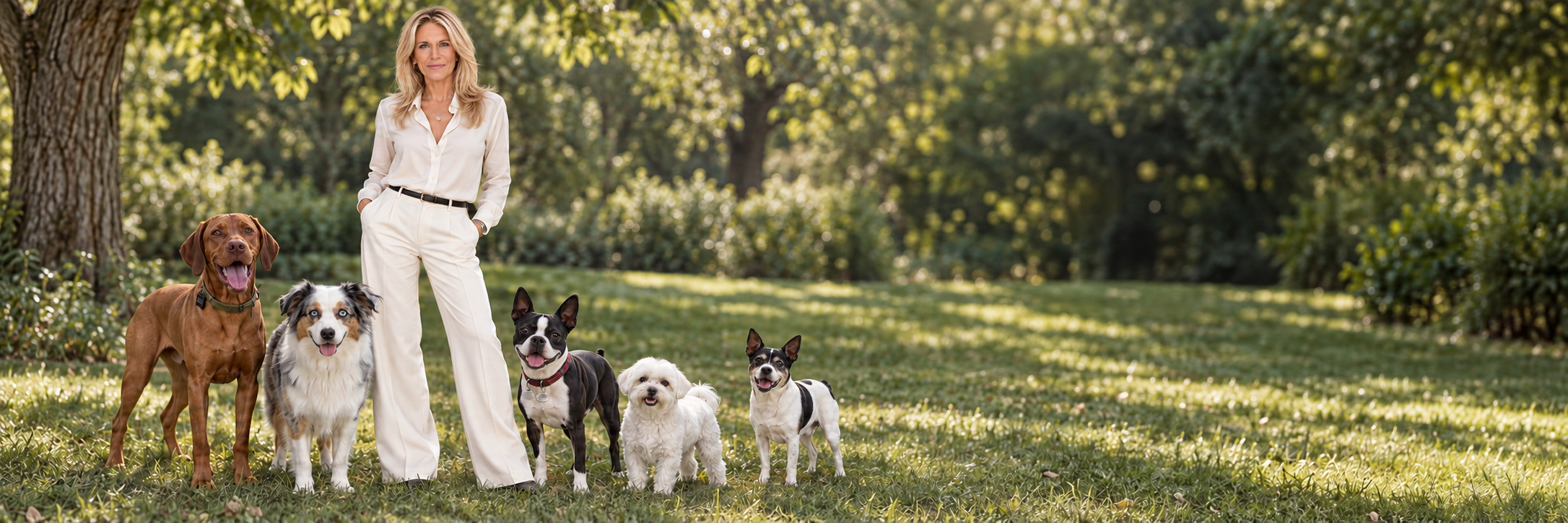AI-composited portrait of Keri standing in a park with her five dogs